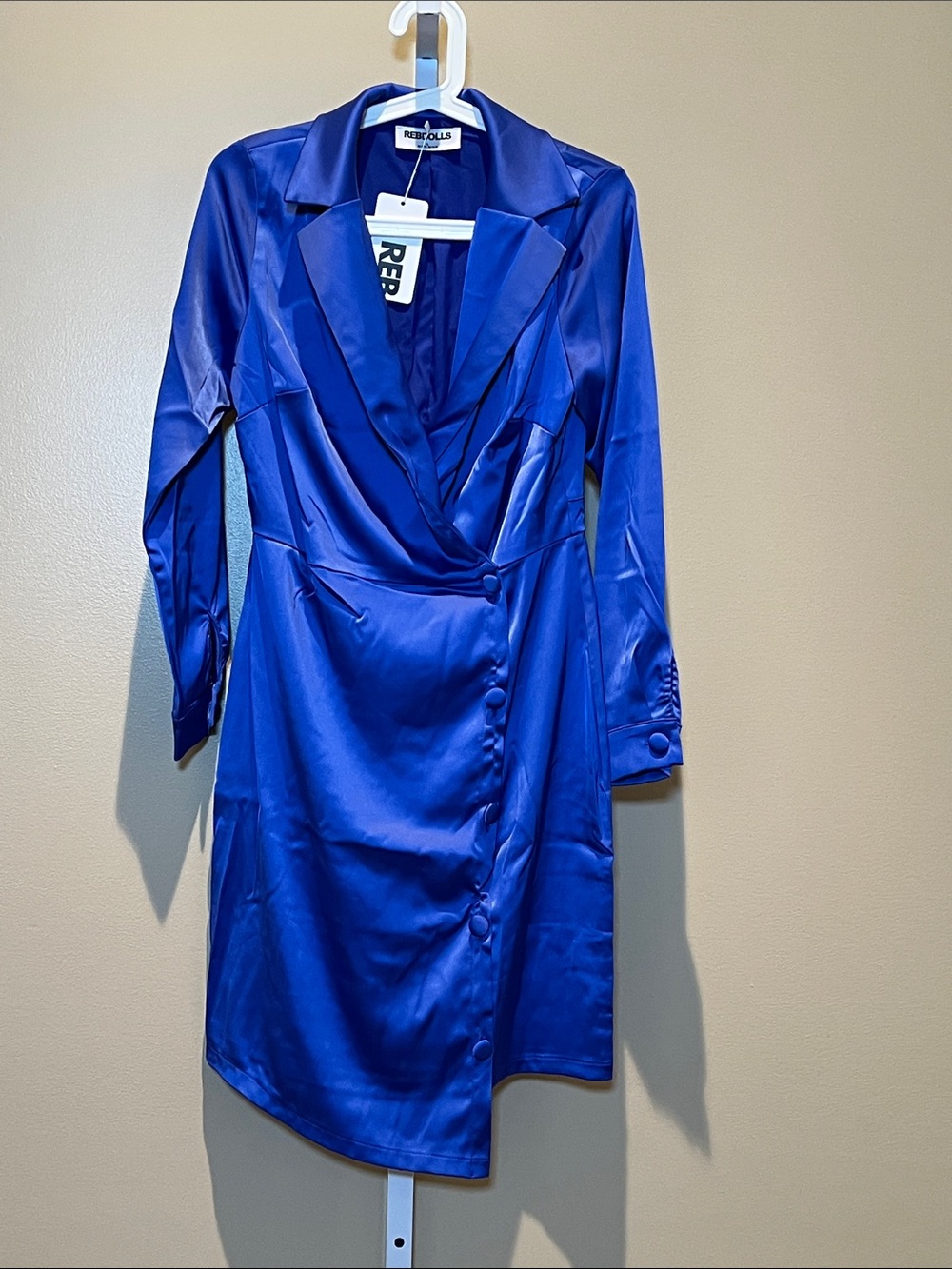 Rebdolls Electric Blue Satin Wrap Dress with Notched Collar